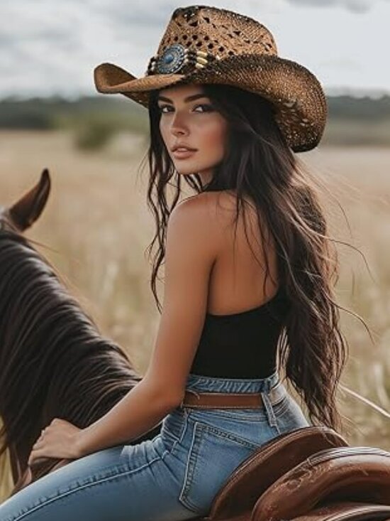 Straw Cowgirl Hat Summer Western Wide Brim Boho Western Style and Design NEW main image 4